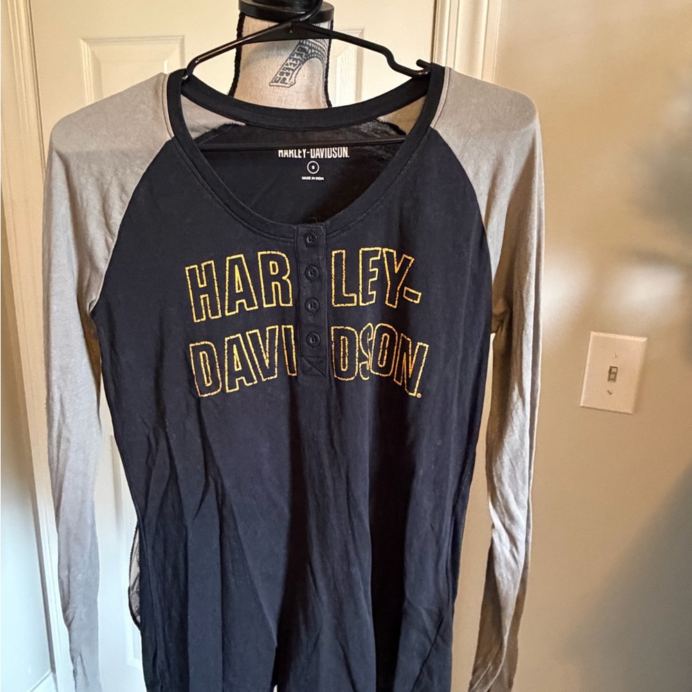 Harley-Davidson Black Raglan Long Sleeve Henley with Gold Lettering